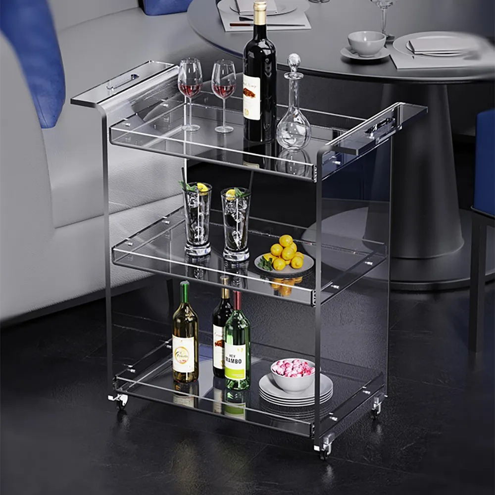 Modern Acrylic Rolling Serving Cart 3 Tier Trolley Side Table Rolling Storage  